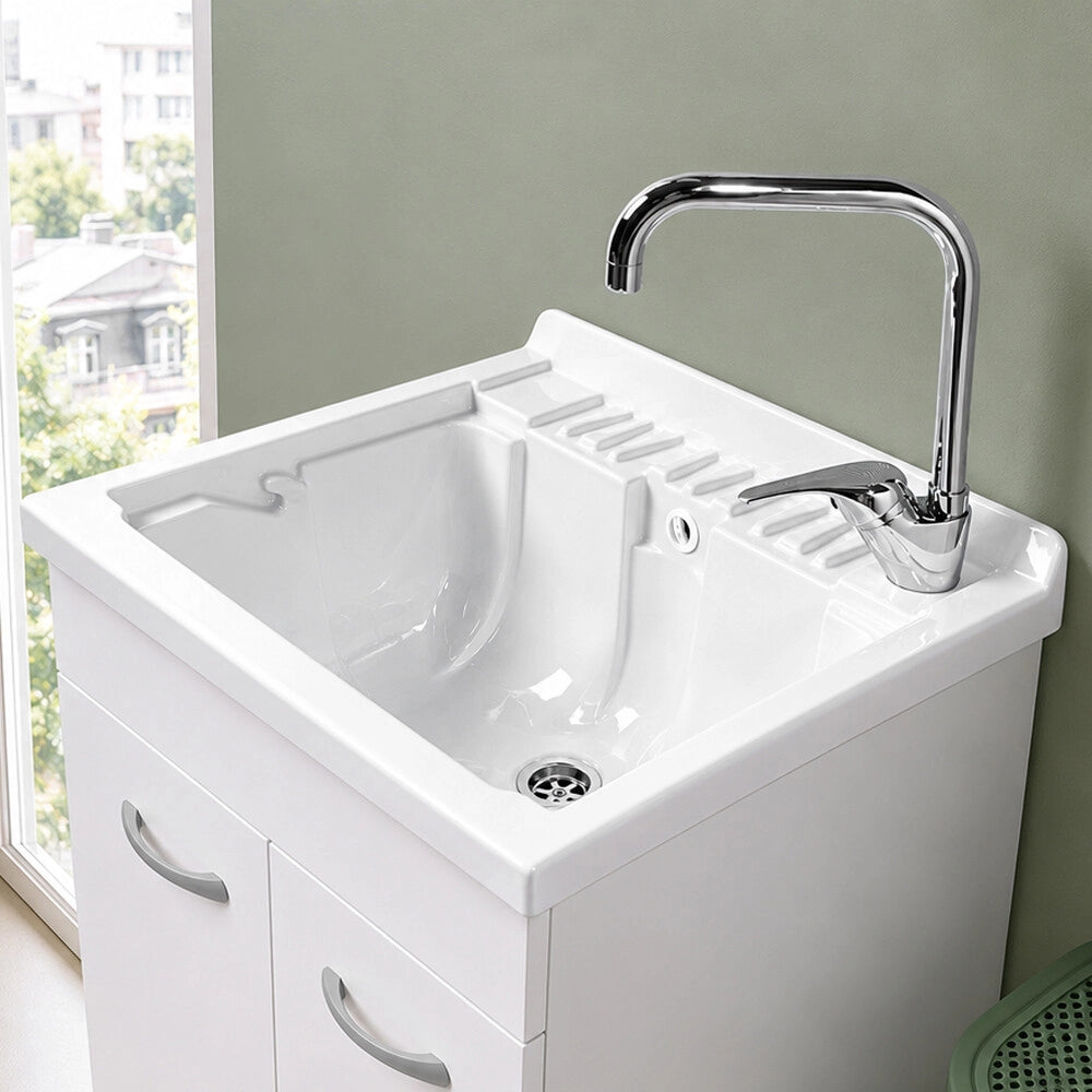 Mobile lavatoio 59x60 cm bianco opaco con ante e vasca incluso di asse di lavaggio e kit di scarico Medea
