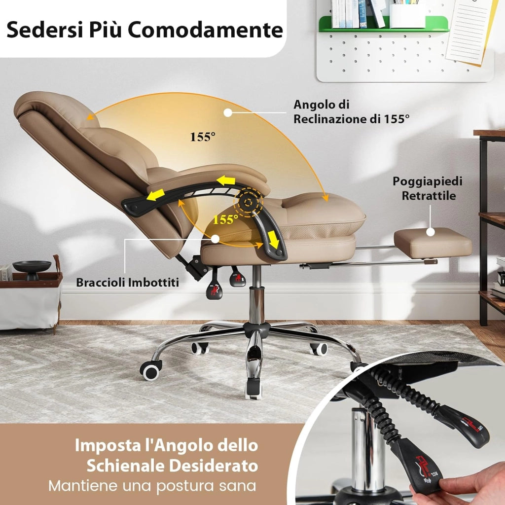 Sedia da Ufficio Ergonomica, Sedia per Computer con Sedile Girevole Regolabile, Schienale Reclinabile, Braccioli Collegati e Poggiapiedi Retrattile, Portata 136 kg