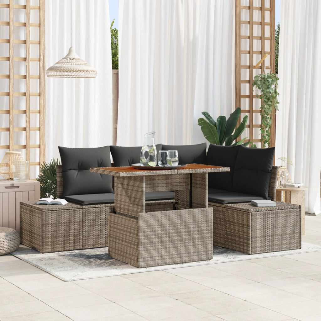 Set da Pranzo da Giardino 5 Pezzi con Cuscini Grigio Rattan Poliestere