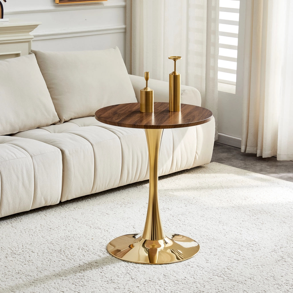 Tavolo da pranzo rotondo con base centrale e piano effetto noce stile retrò moderno in MDF e metallo oro per soggiorno e sala da pranzo