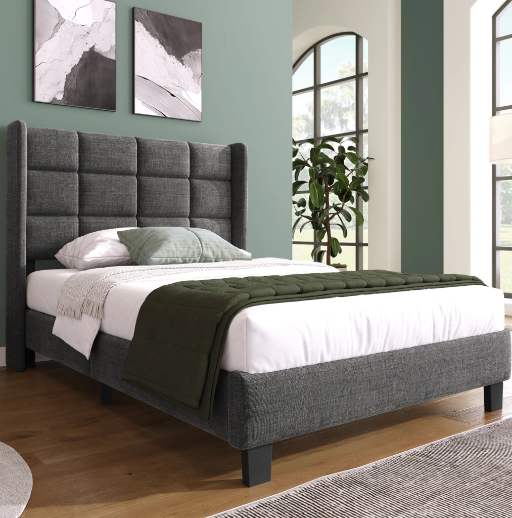 Letto singolo imbottito 90x200 cm in lino grigio con rete e materasso a molle insacchettate