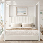 Letto matrimoniale a baldacchino imbottito 180x200 cm in velluto beige e bianco; struttura in metallo