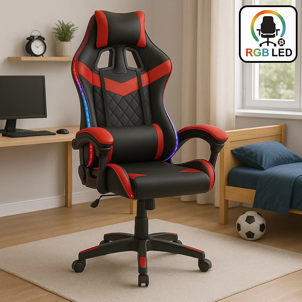 Sedia Gaming Scrivania Led RGB Ergonomica Altezza Eegolabile con 2Cuscini Nero Rosso