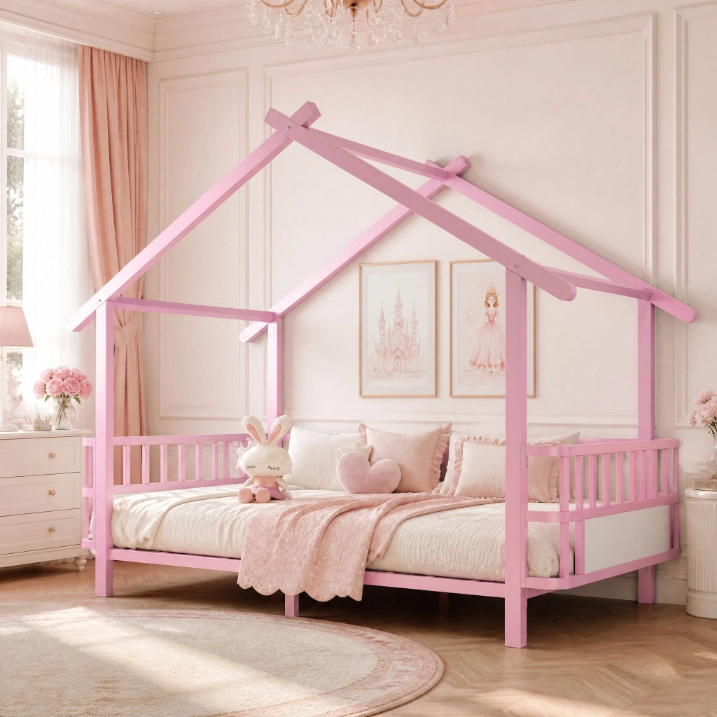 Letto singolo per bambini a casetta in metallo rosa 90x200 cm