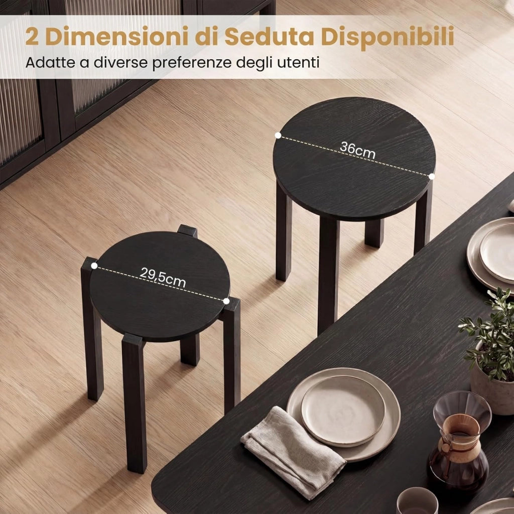 Set di 4 Sgabelli Impilabili 4 in 1, Sgabelli in Legno con Portavaso con Rotelle, 2 Grandi Ø36 cm e 2 Piccoli Ø35 cm, Tavolino Laterale Rotondo per Soggiorno e Camera da Letto (Nero)