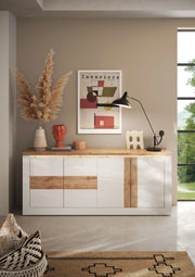 Madia 4 ante Bianco/Cadiz Linea ISCHIA L 210 x H 84 x P 44, realizzato in legno 100% MADE IN ITALY, design moderno per cucina, sala da pranzo, soggiorno colore Bianco/Cadiz