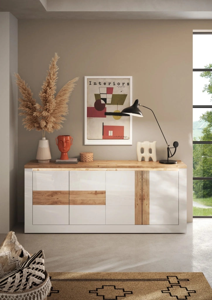 Madia 4 ante Bianco/Cadiz Linea ISCHIA L 210 x H 84 x P 44, realizzato in legno 100% MADE IN ITALY, design moderno per cucina, sala da pranzo, soggiorno colore Bianco/Cadiz