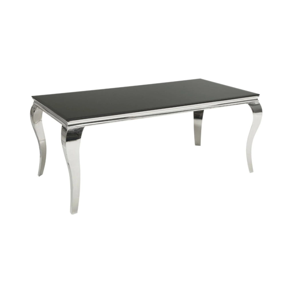 Tavolo da pranzo VELENA 180 cm – Piano in vetro nero e struttura in acciaio argentato lucido