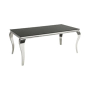 Tavolo da pranzo VELENA 180 cm – Piano in vetro nero e struttura in acciaio argentato lucido