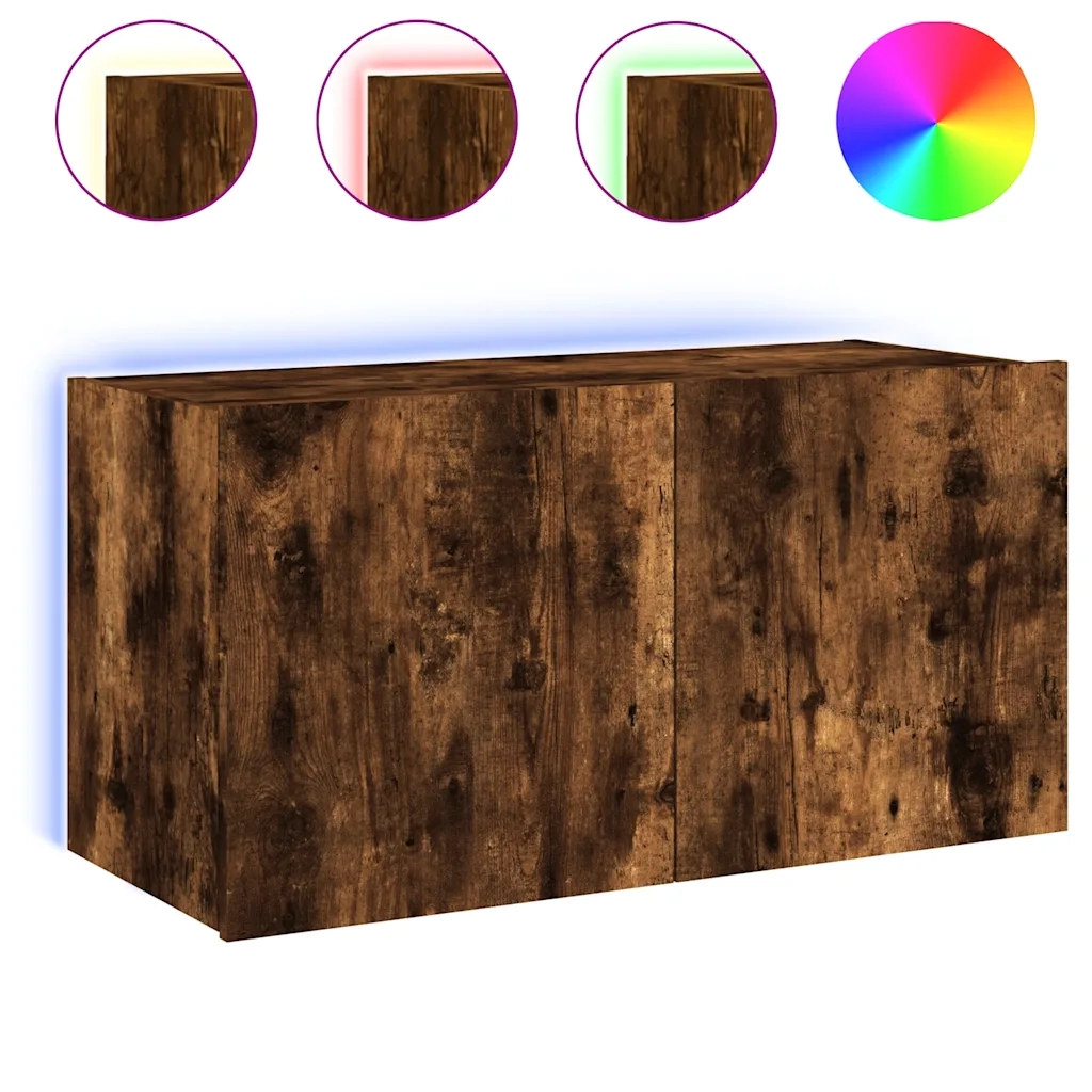Mobile TV a Parete | Armadietto TV | Mobile Porta TV con Luci LED Rovere Fumo 80x35x41 cm