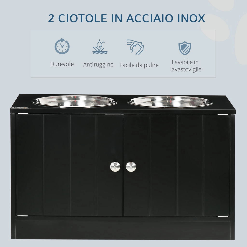 CIOTOLA PER CANI RIALZATA CON VANO CONTENITORE, 2 CIOTOLE IN ACCIAIO INOX RIMOVIBILI, 60X30X35.5CM, NERO