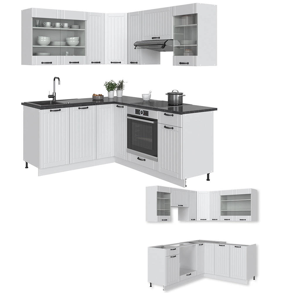 Vicco Cucina angolare completa Casa di campagna bianca/bianco 160 x 60 cm senza piano di lavoro