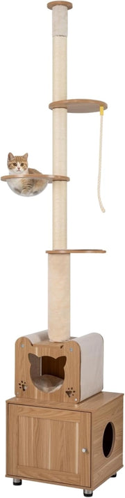 Tiragraffi alto a soffitto, altezza 256 – 275 cm, con armadietto per gatti, grotta, capsula stanza, colonna tiragraffi e corda in sisal, tenditore regolabile in altezza, albero da arrampicata