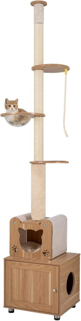 Tiragraffi alto a soffitto, altezza 256 – 275 cm, con armadietto per gatti, grotta, capsula stanza, colonna tiragraffi e corda in sisal, tenditore regolabile in altezza, albero da arrampicata