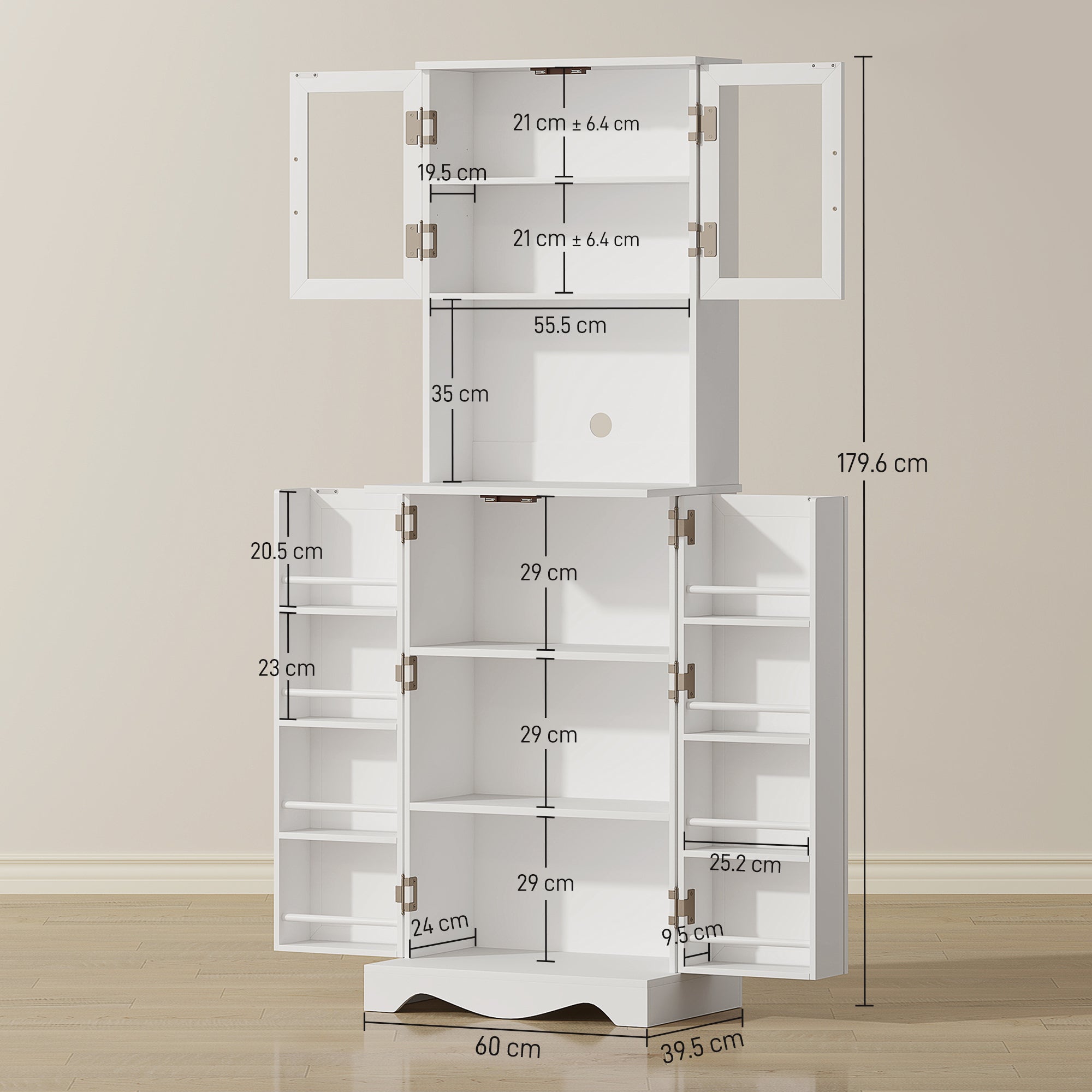 Mobile Dispensa Cucina 60x39,5x179,6 cm con 2 Armadietti e 8 Ripiani in Legno e Acrilico Bianco