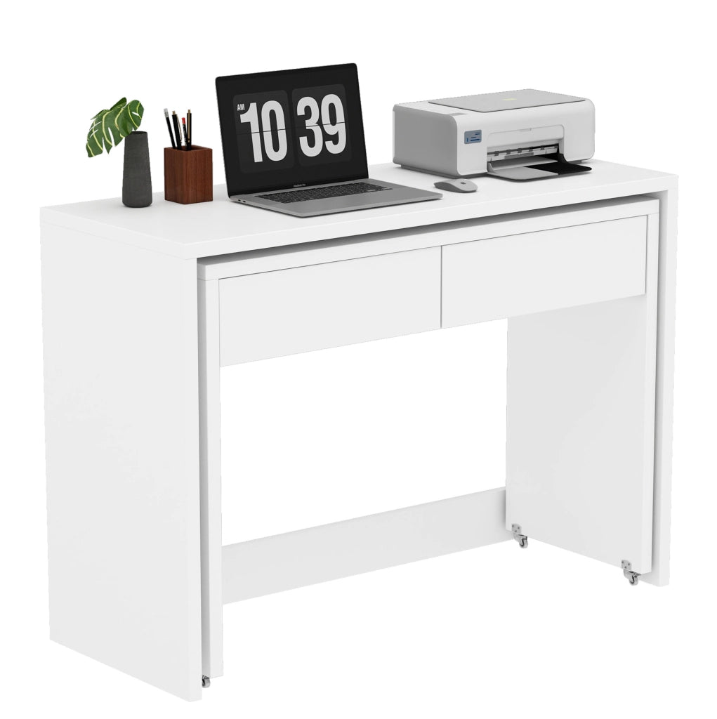 Scrivania pieghevole 110x40x78 cm 2-in-1 con ruote; truciolato bianco