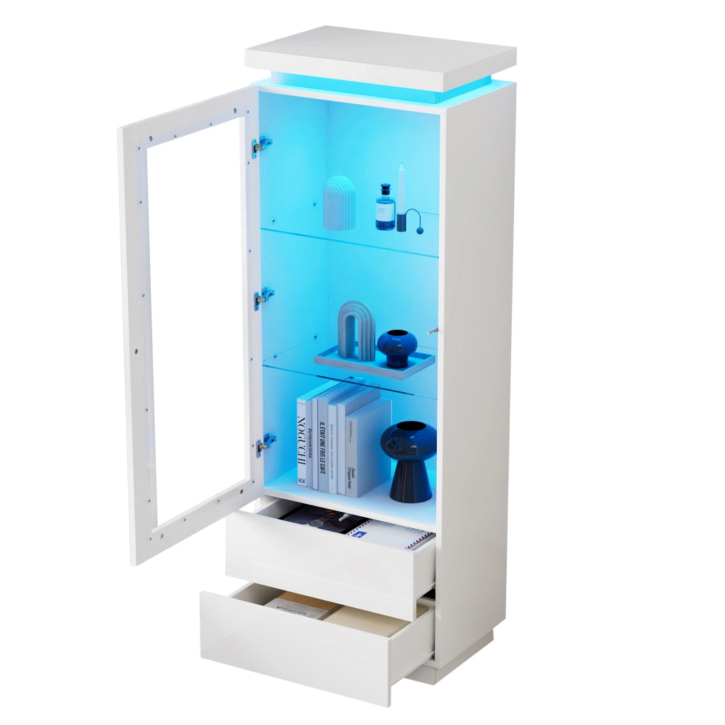 Vetrina con LED, 2 cassetti e 1 anta in acrilico, ripiani in vetro temperato, per soggiorno, bianca, 60 × 40 × 171 cm