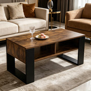 Tavolino basso con 2 vani aperti e piano ampio, per soggiorno, in legno, nero e marrone rustico, 90 × 45 × 45 cm