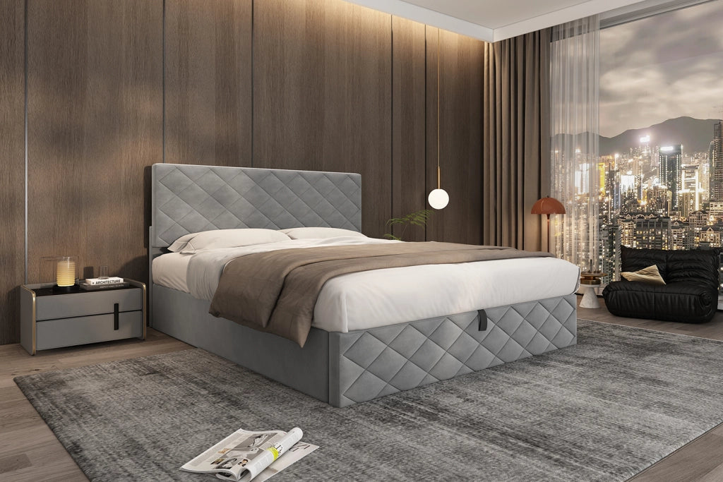 DESMIU Letto contenitore 140 × 200 cm matrimoniale con contenitore idraulico, senza materasso, velluto grigio