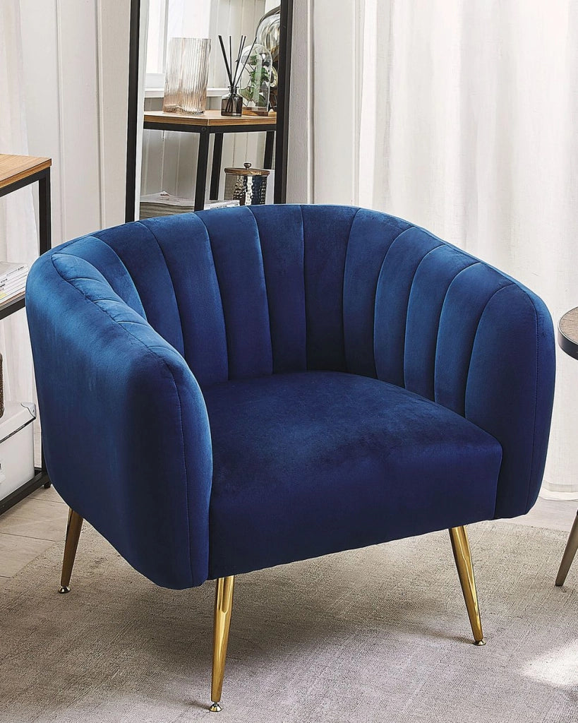 Poltrona Velluto Blu Struttura In Metallo Dorato Con Schienale Tondo Stile Glam