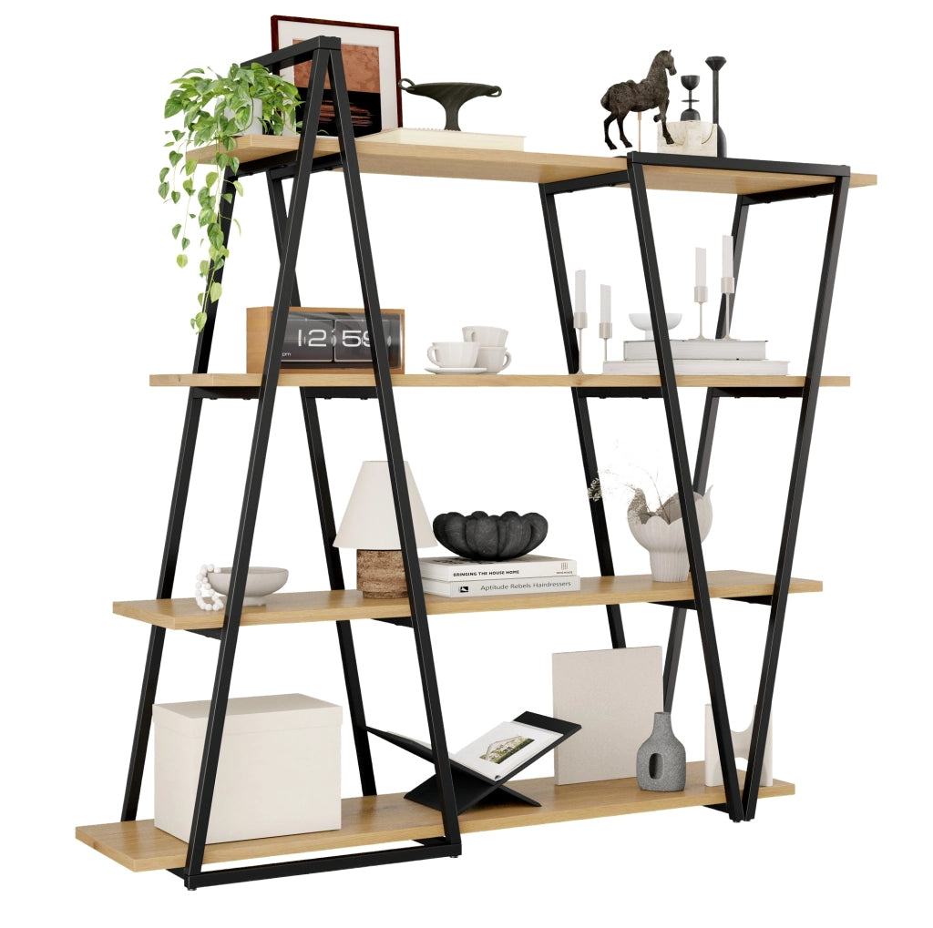 Libreria a giorno geometrica 158x35x166 cm; metallo nero e MDF effetto quercia