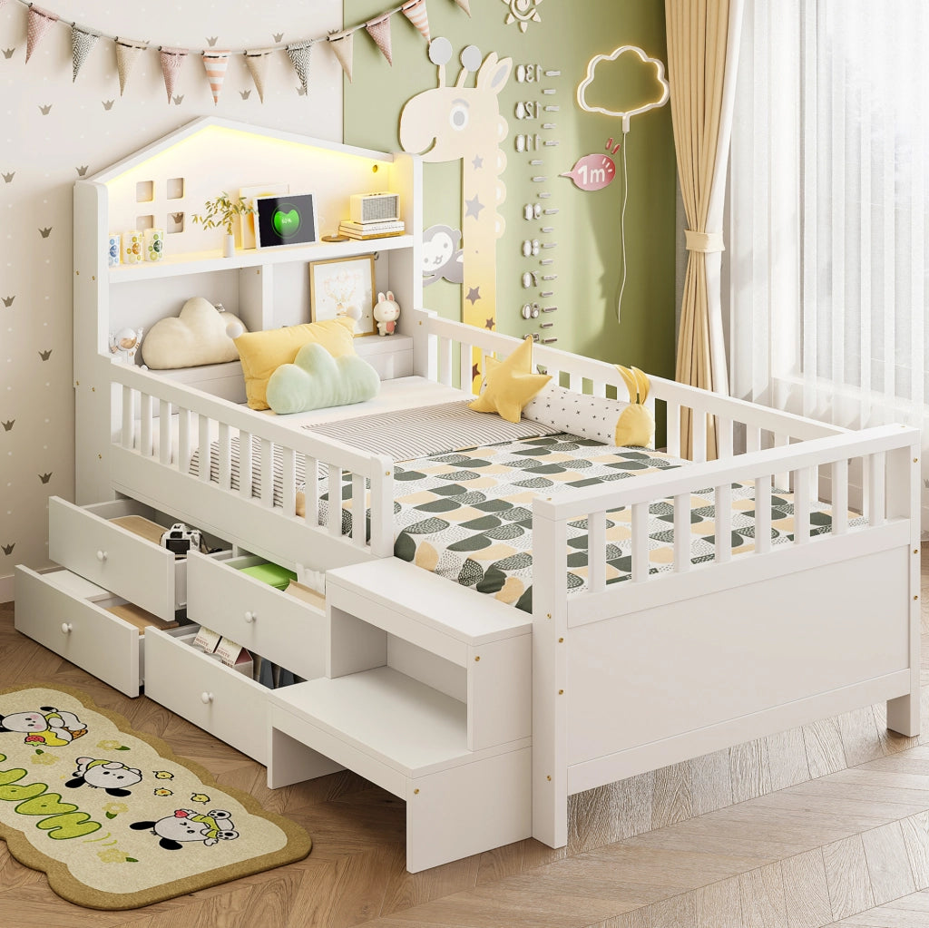 Letto per bambini con 4 cassetti; scale; LED e USB Type-C; 90x200 cm; bianco