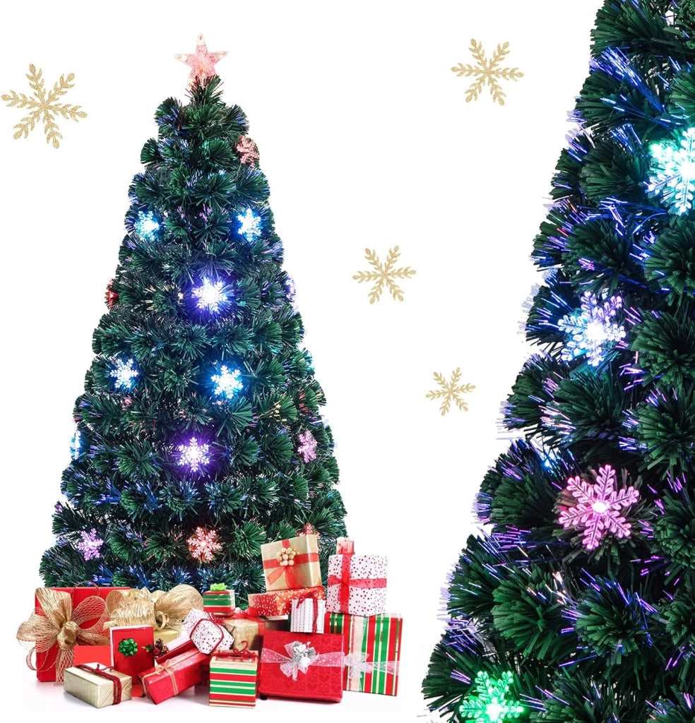 Albero di Natale 150 cm, Albero di Natale con Luci LED, Rami Densi, Stelle Luminosi e Fibre Ottiche, Albero di Natale Realistico e Denso per Casa, Ufficio e Negozio, Verde (150cm)