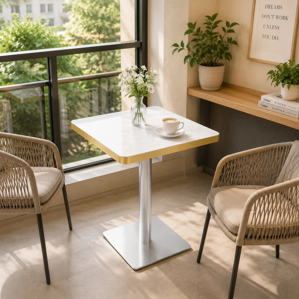 Tavolo quadrato con piano effetto marmo e bordo dorato, per 2-4 persone, in MDF e metallo, bianco, 60 × 60 × 74 cm