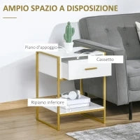 Set 2 Comodini Moderni con Cassetto e Ripiano Aperto in MDF e Acciaio, 45x40x60cm, Bianco e Oro
