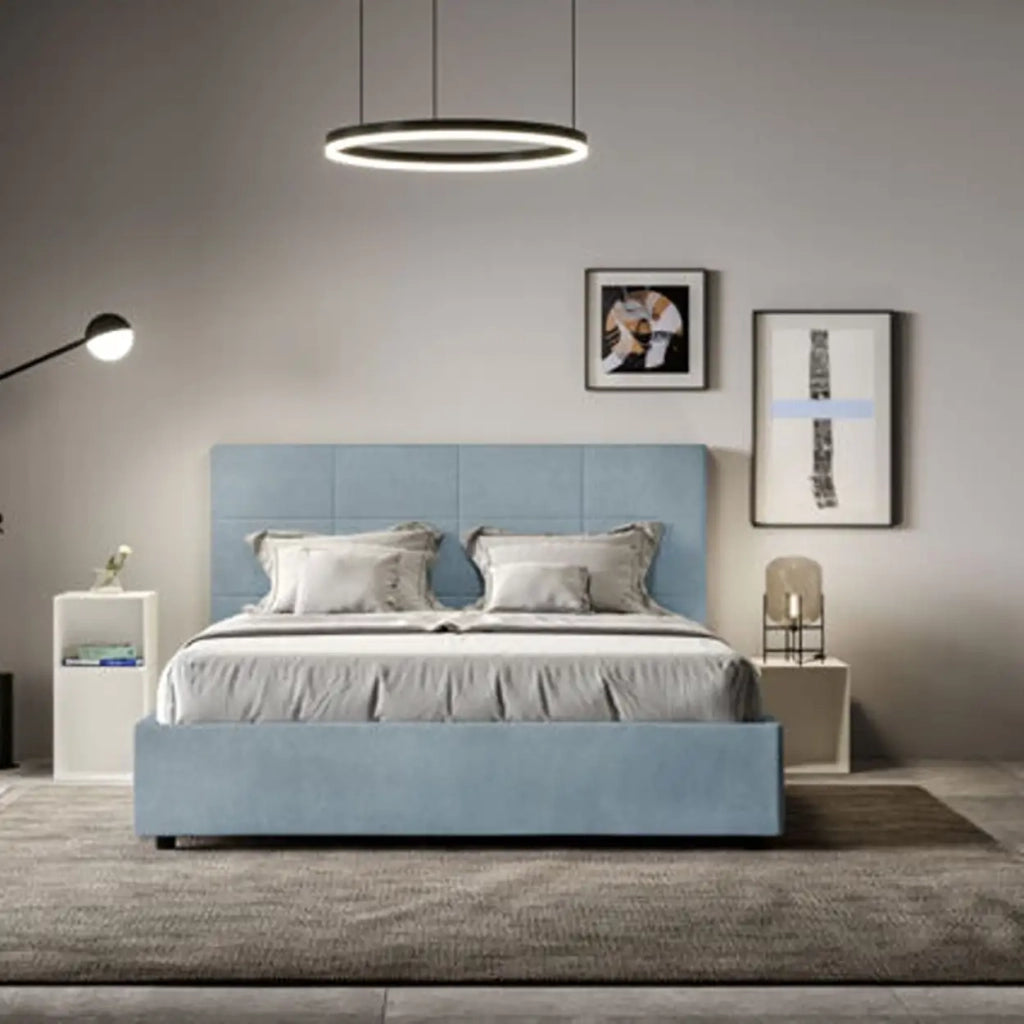 Letto matrimoniale con rete imbottito 160x190 microfibra azzurro Mika