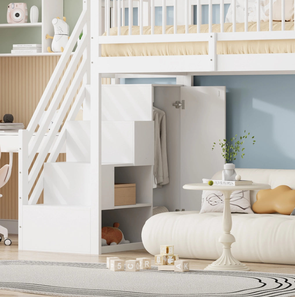 Letto a soppalco multifunzione 90x200 cm con armadio; ripiani e scala di sicurezza; bianco
