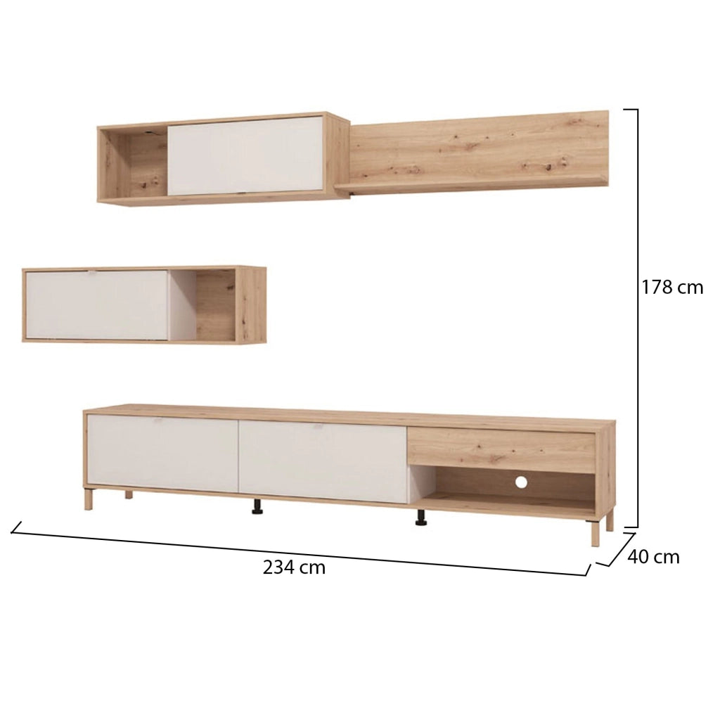 Mobile Soggiorno Alunzio, Parete Attrezzata 5 Ripiani, 234x40x178h cm Bianco Crema