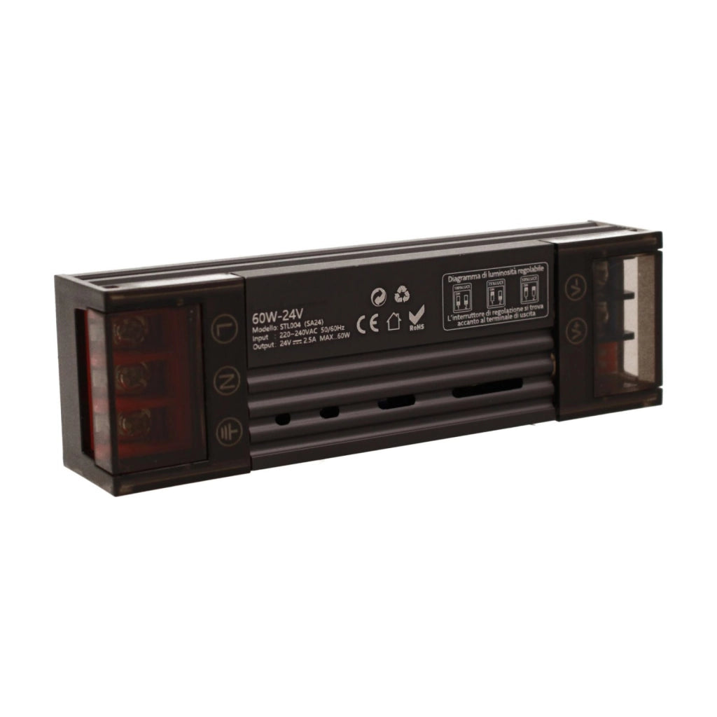 Trasformatore Alimentatore LED Slim Sottile 60W DC 24V AC 220-240V IP20 Dimmerabile a DIP con Coperchio Protezione su Morsetti 119x35x25mm