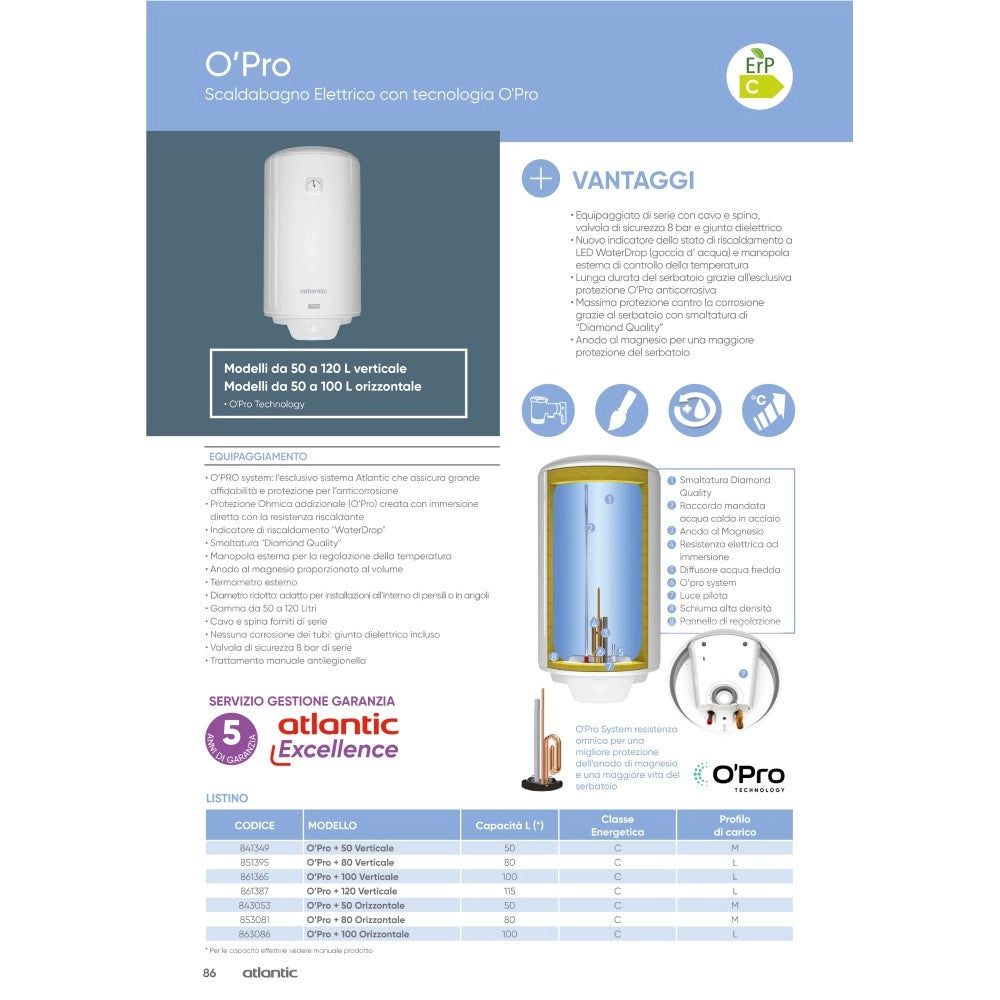 Atlantic o'pro+ scaldabagno boiler elettrico 50lt verticale - 2 anni di garanzia
