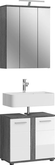 Set di bagno a due elementi - insieme per lavabo - lavabo illuminato - materiale legno - finitura alta lucidità bianca - replica argento antracite - certificato FSC - design eterno - progettato per risparmiare spazio - 120 cm x 50 cm