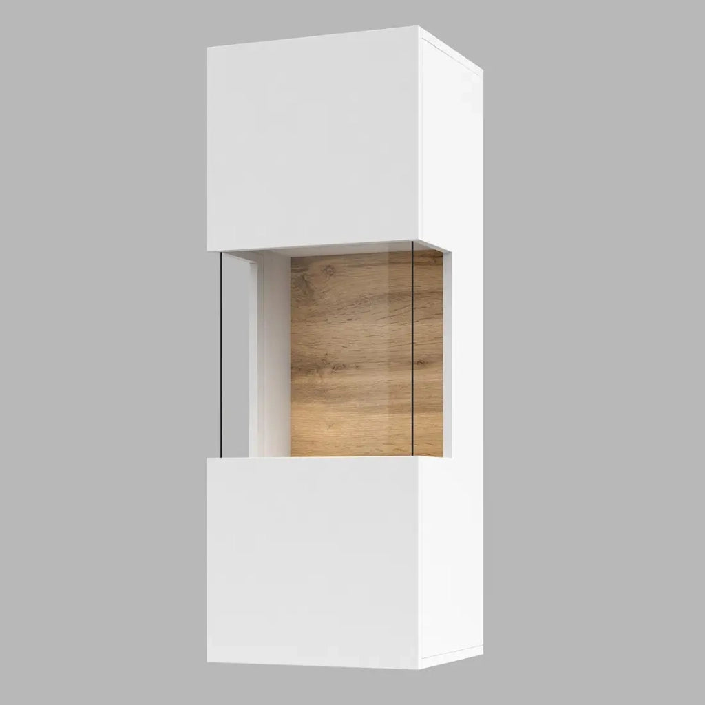 Piccola vetrina sospesa a 1 anta parzialmente vetrata collezione EVA. Colore bianco opaco e rovere.