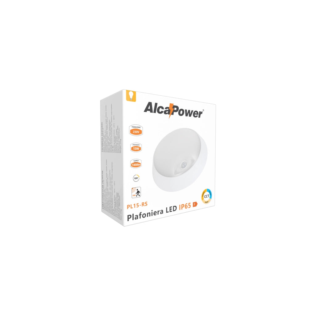 Alcapower Plafoniera LED Rotonda 15W IP65 con Sensore PIR, Temperatura Colore Selezionabile 3000K/4000K/6500K, Efficienza 93lm/W, 1400lm, Bianco