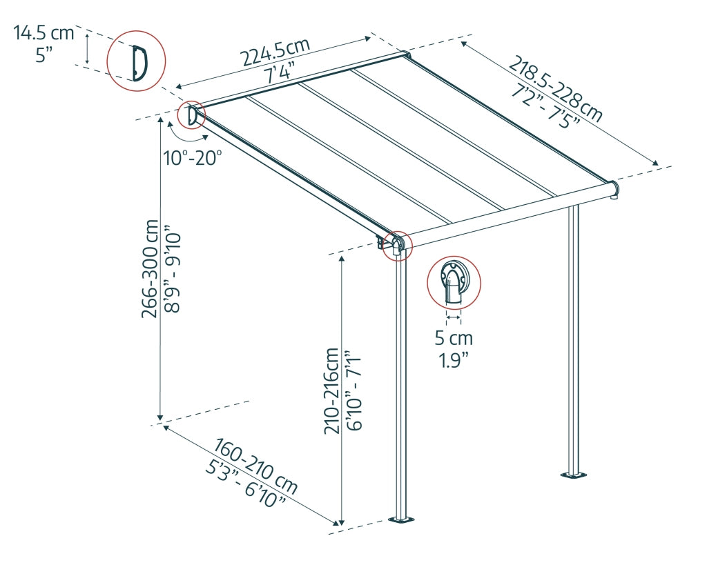 Pergola Addossata in Alluminio Sierra 2.3X2.3 m Grigio