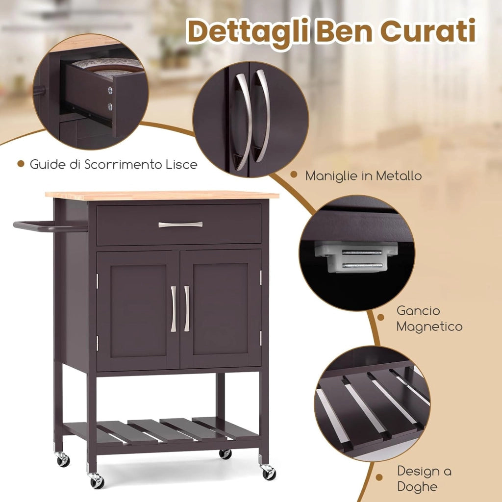 Carrello da Cucina con Cassetto, Isola da Cucina con 2 Ante Vassoio Inferiore e Porta Asciugamani, Carrello con Ruote per Sala da Pranzo Soggiorno Bar, 73 x 48 x 90 cm (Marrone)