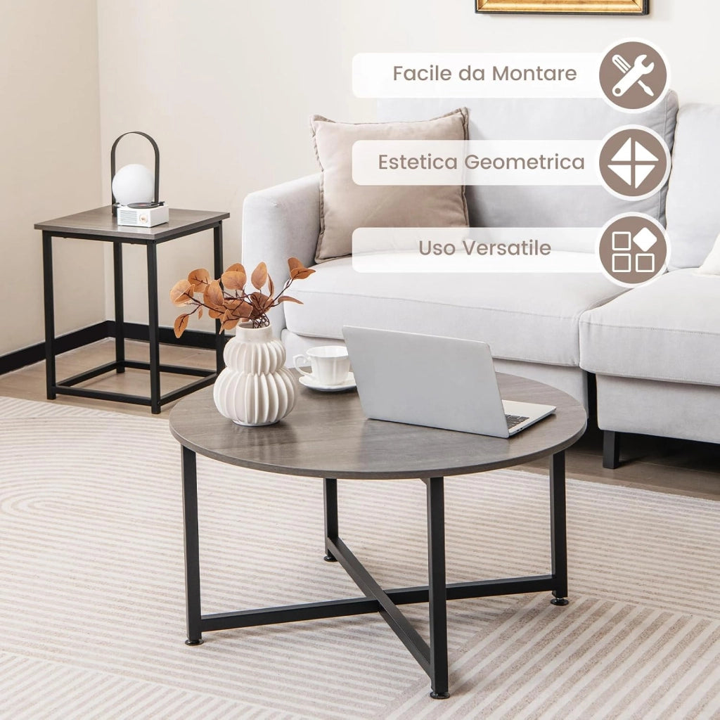 Set di Tavolini da Caffè 3 Pezzi, Tavolino Rotondo e 2 Tavolini Quadrati con Struttura Metallica Robusta, Set di Tavoli da Salotto Moderni 3 Pezzi (Grigio)