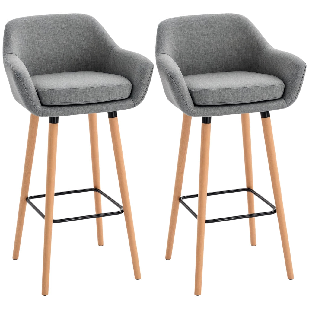 Sgabelli da Bar Scandinavi ¨C Xylo ¨C Set di 2 con Braccioli e Poggiapiedi, Legno Massello e Lino Grigio Scuro