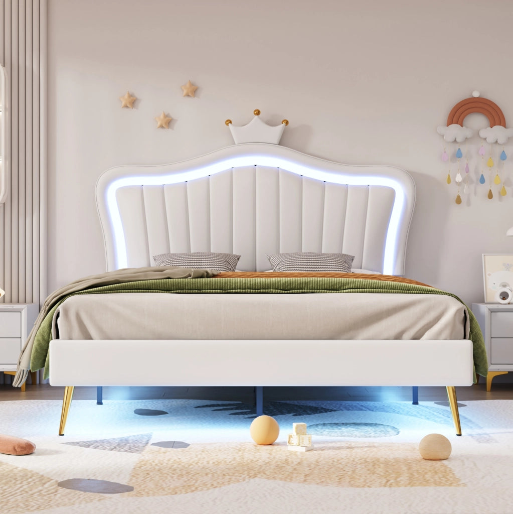 Letto imbottito per bambini 140x200 cm bianco con testiera a conchiglia, corona e LED