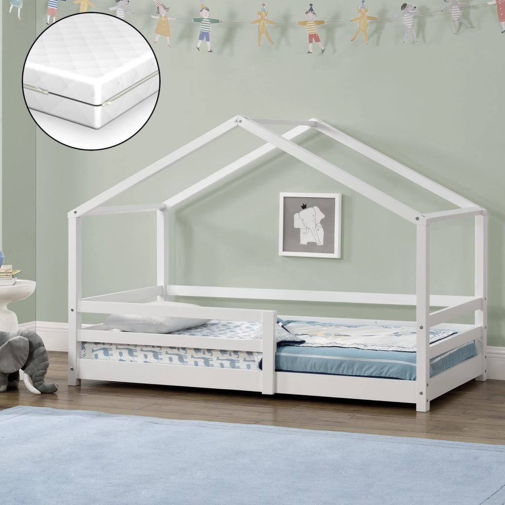 Letto per Bambino a Forma di Casetta con Barriere di Sicurezza e Materasso Ortopedico 70 x 140 cm Lettino in Legno di Pino con Sponde - Bianco
