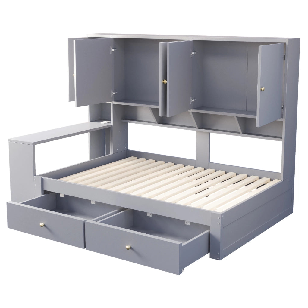 Letto 90x200 cm con scrivania, LED, prese e cassetti in compensato e MDF grigio