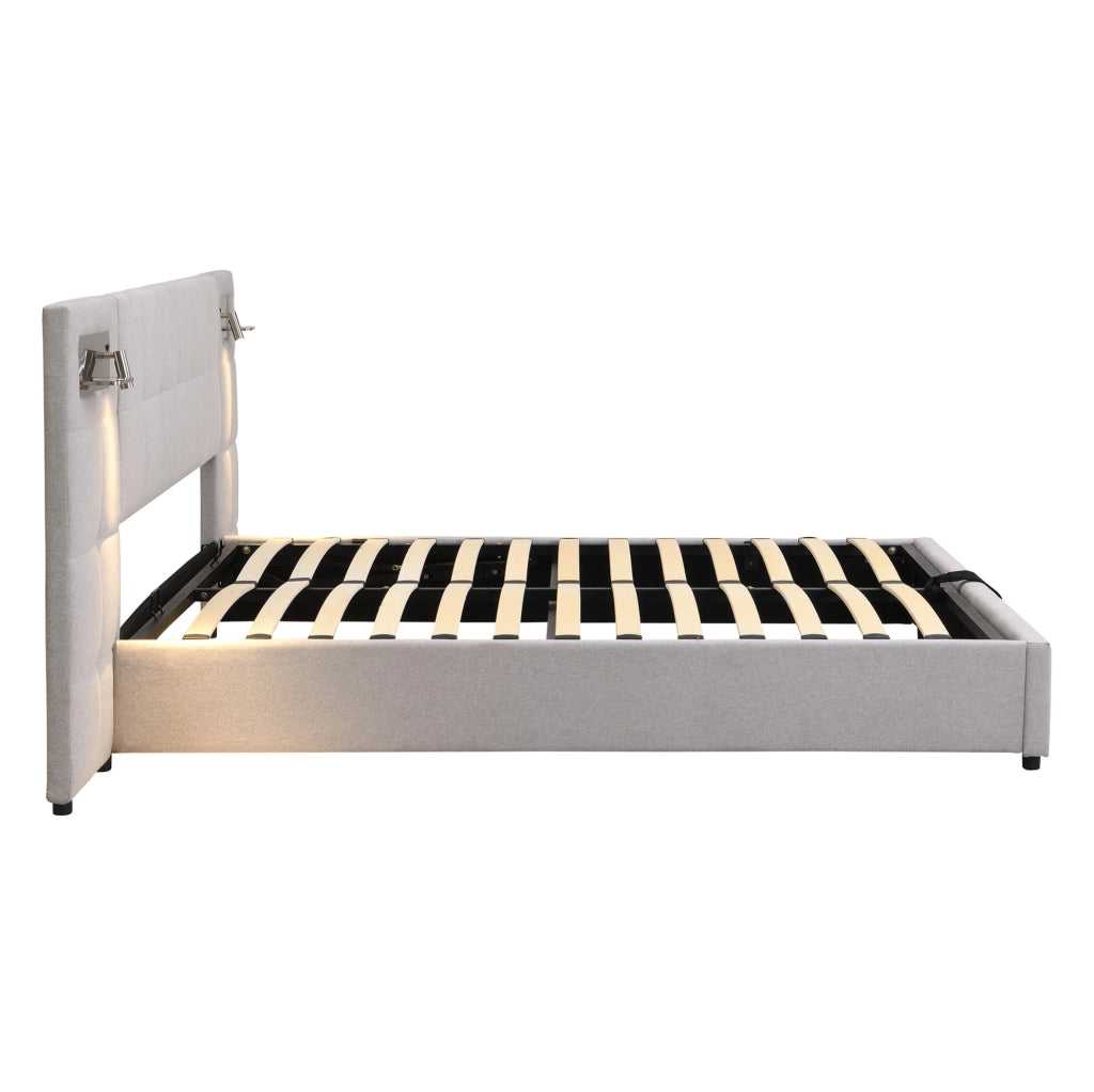 Letto matrimoniale imbottito 180x200 cm con sollevamento idraulico; USB; ricarica wireless e luce; grigio