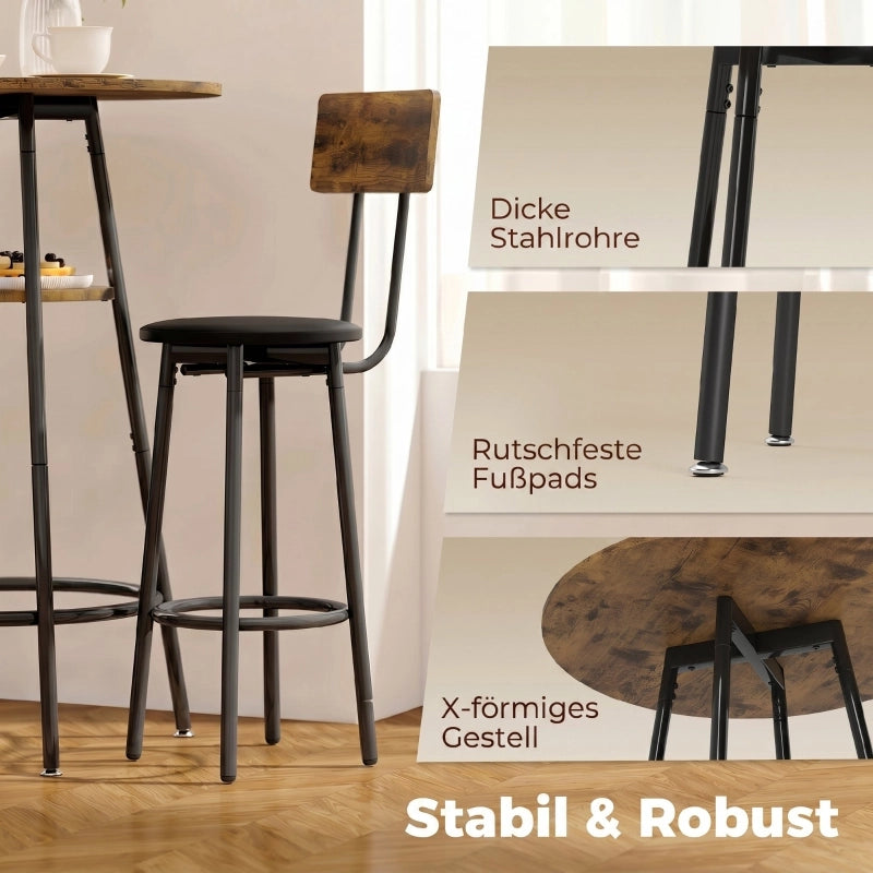 TAVOLO BAR Set da 2 con sgabelli imbottiti, struttura in metallo, Marrone rustico
