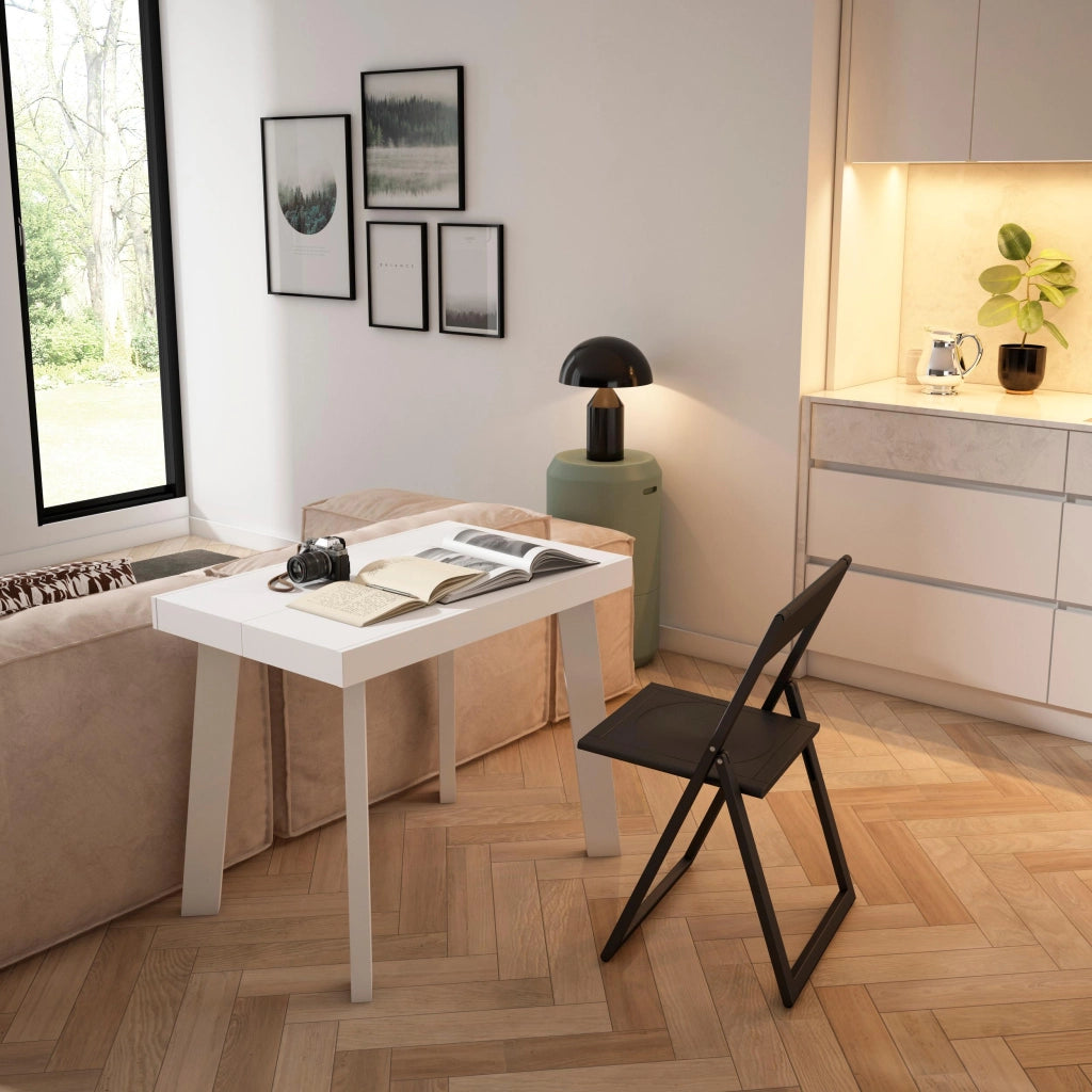 Consolle allungabile, 222x90x73cm, Per 10 persone, Gambe in legno, Bianco e grigio cemento RF3018