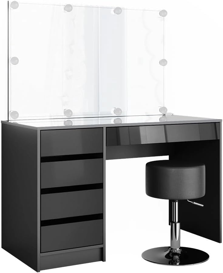 Tavolo da toeletta Sherry, Antracite, 120 cm con illuminazione a LED e sgabello, con illuminazione LED e sgabello coordinato