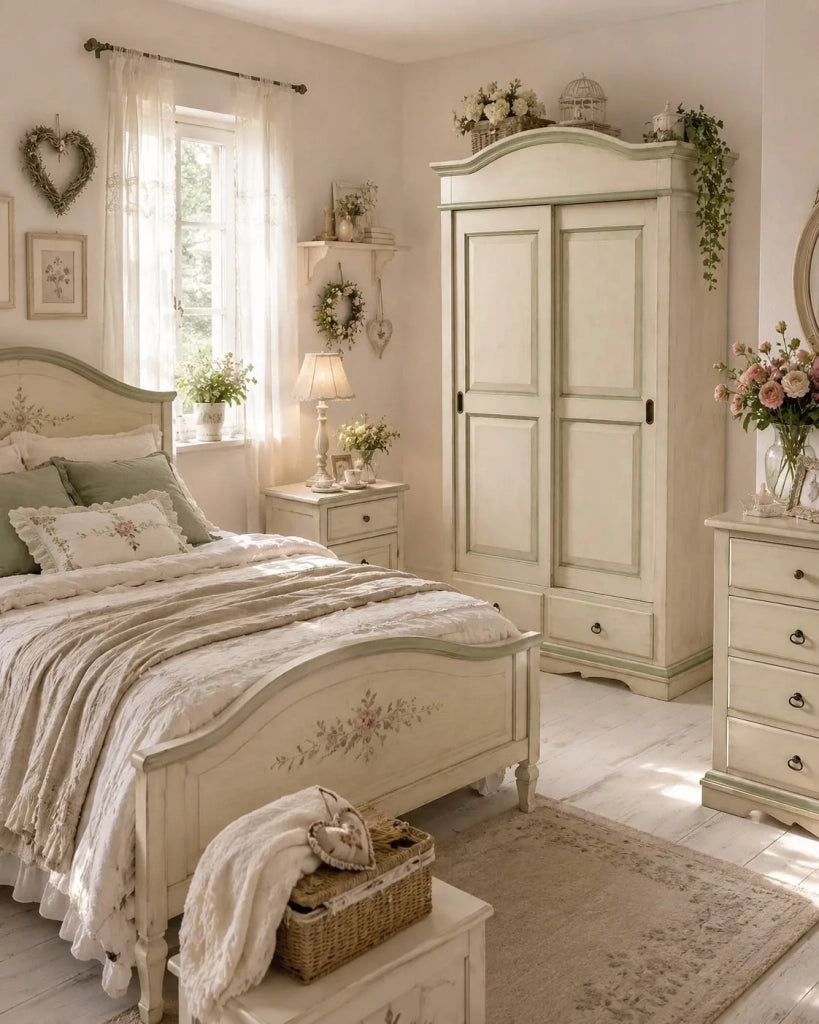 Armadio 2 ante scorrevoli legno shabby avorio anticato filo verde 122x59x200 - Mobili 2G