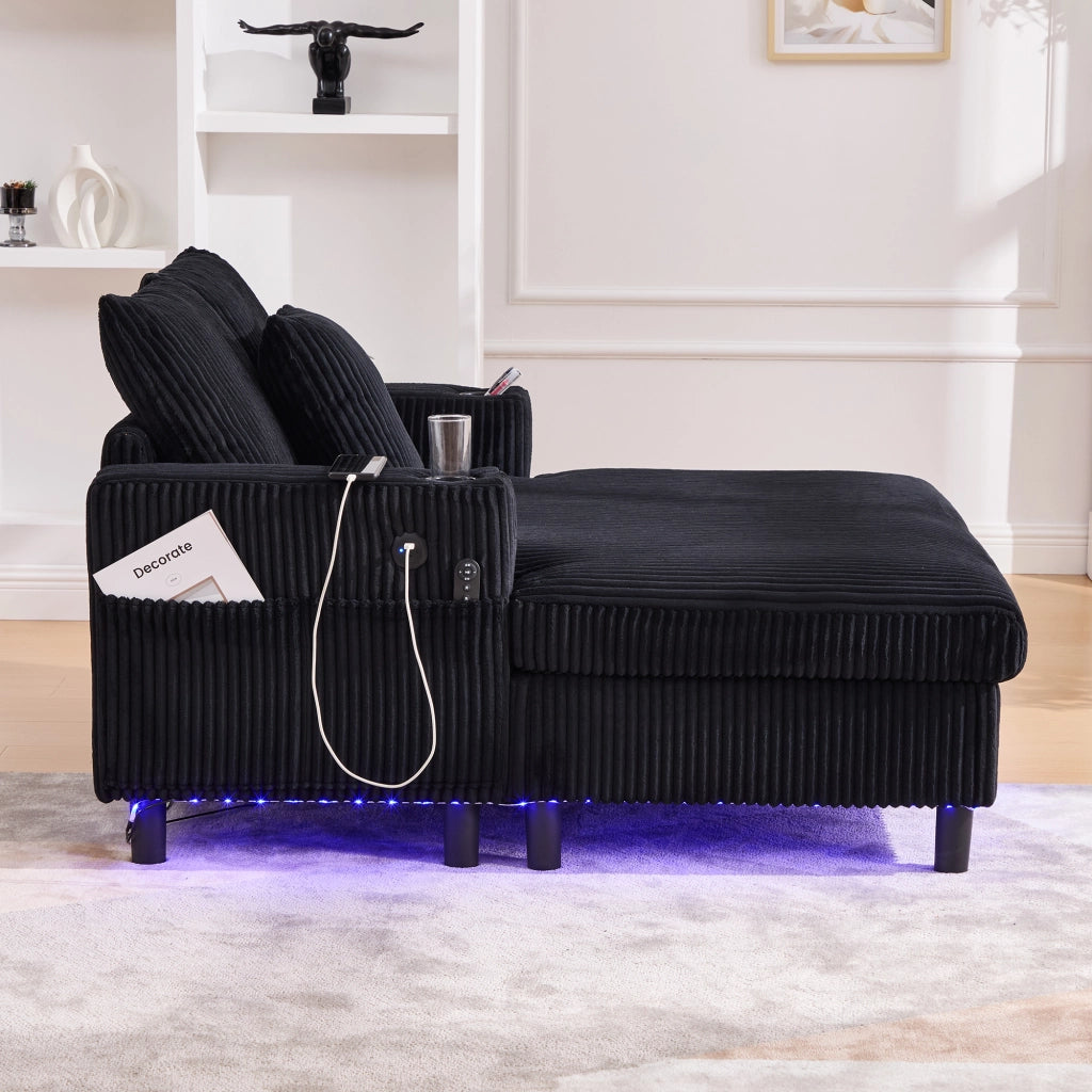 POLTRONA Relax 142x128x85 cm in corduroy nero con LED, USB e portabicchiere